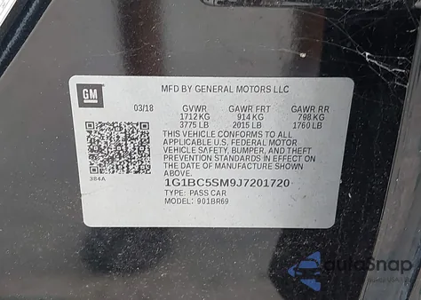 2018 Chevrolet Cruze Ls Auto из США, поврежденный, VIN 1G1BC5SM9J7201720